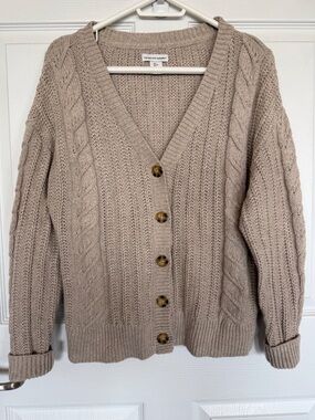 cupcakes & cashmere taupe cable knit button-front cardigan cotton blend L